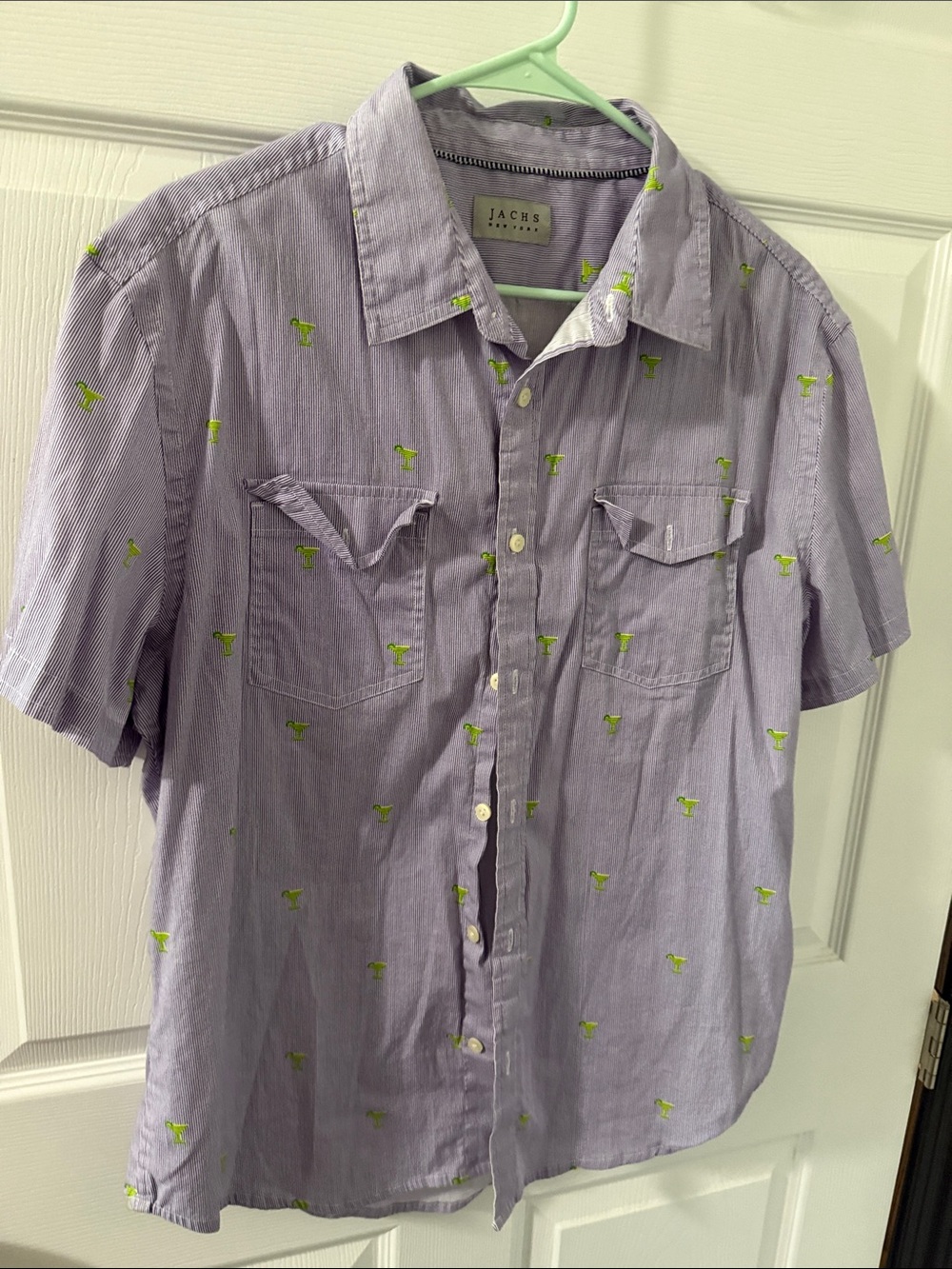 Jachs Lavender Short-Sleeve Button-Down Shirt with Lime Green Embroidery